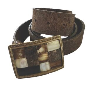 STREETS AHEAD MOSIAC INLAY SHELL AND WOOD NICKLE LEATHER BELT SIZE 35